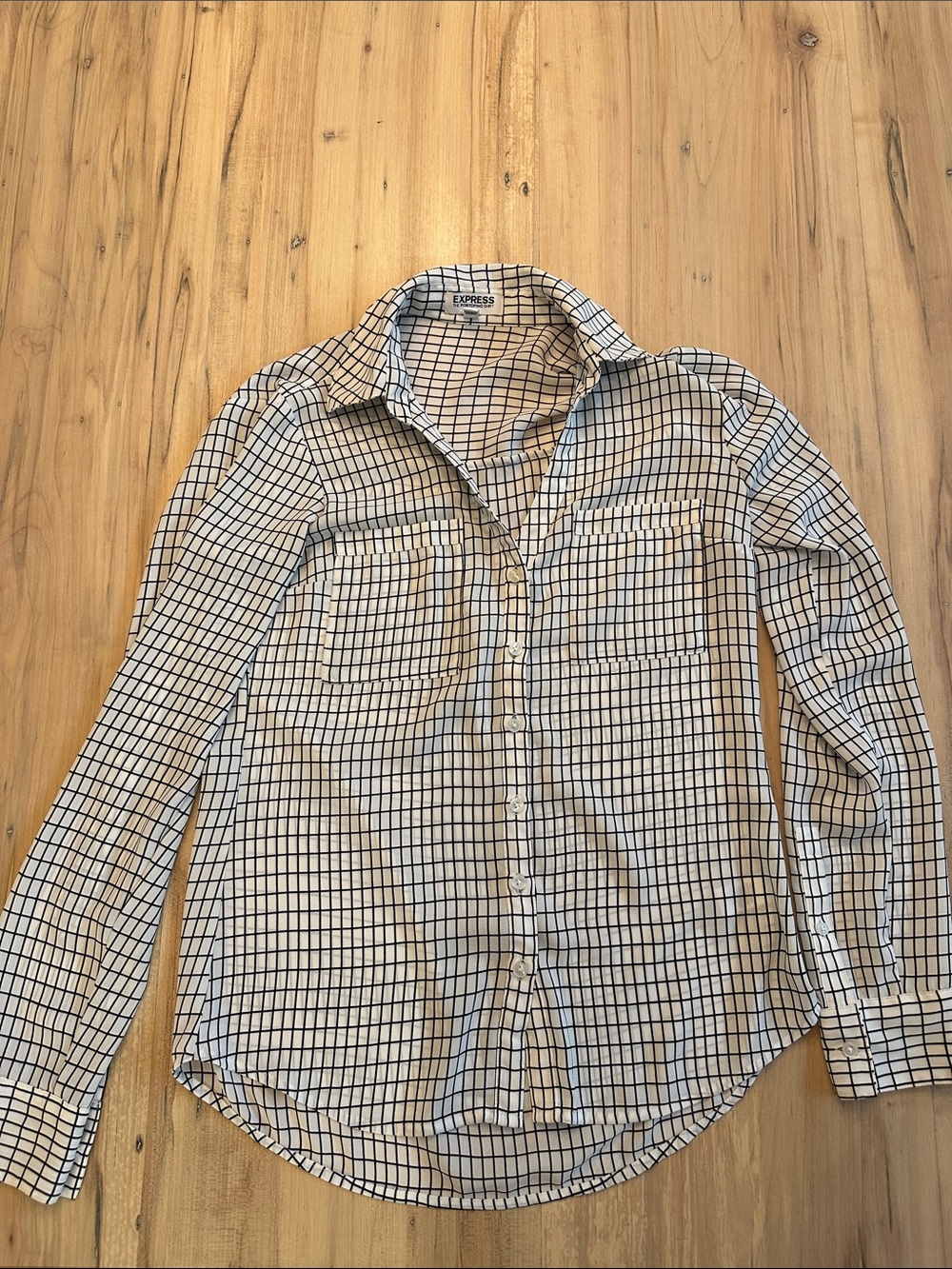 Express Portofino Slim Fit Dress Shirt Printed Grid Black White